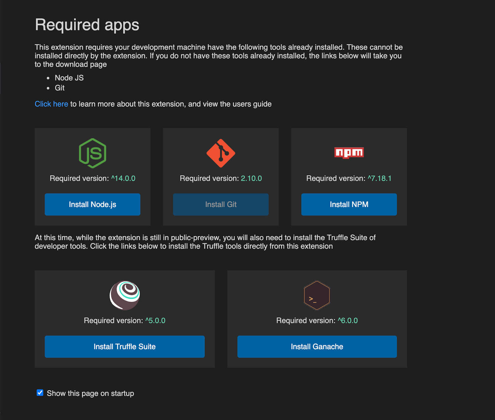 screenshot of the required applications screen