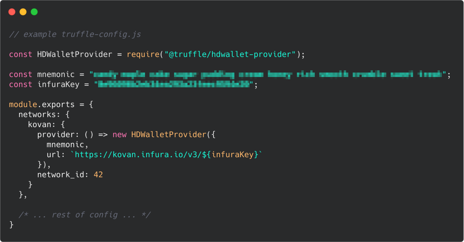 Screenshot of an example truffle-config.js using HDWalletProvider with hardcoded mnemonic and Infura key.